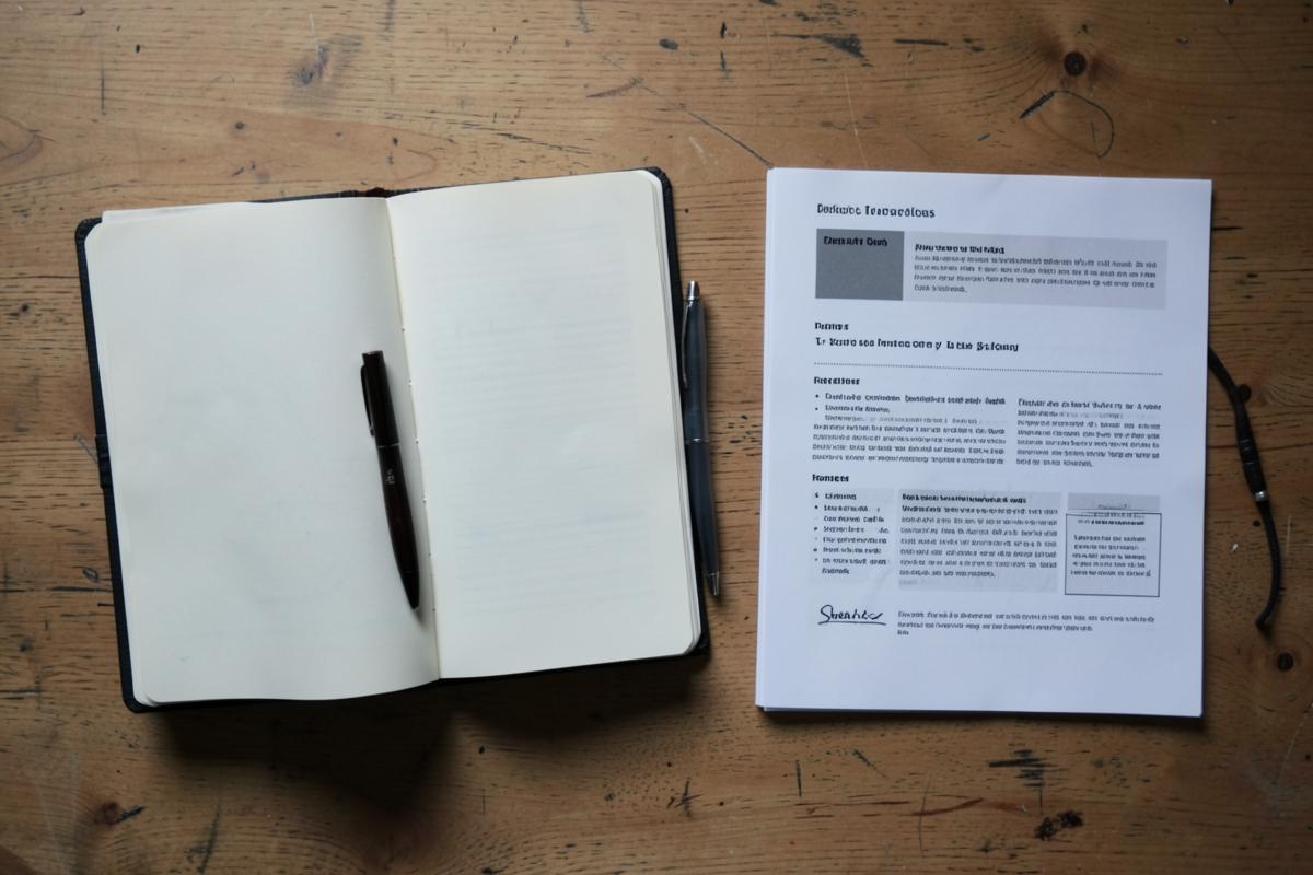 Notebook and printed concept deck on a table